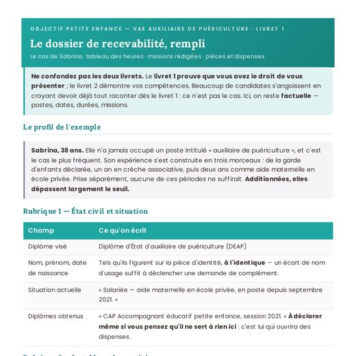 Aperçu : Le dossier de recevabilité, rempli